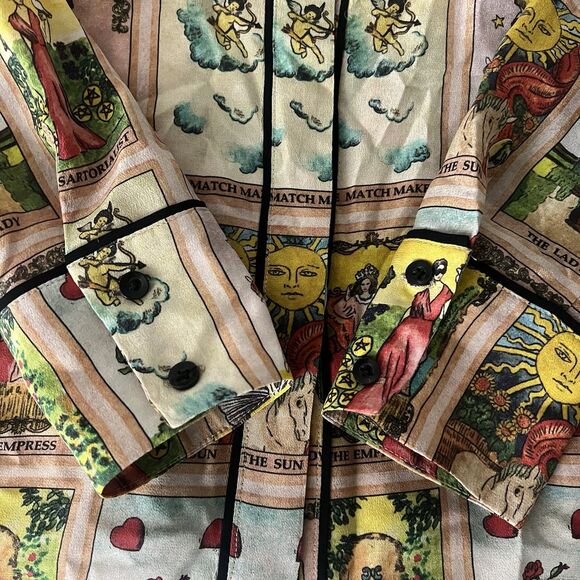 Alice + Olivia Alfie Tarot Card Silk Button Down Blouse Mystical Print Shirt XS - Picture 4 of 7